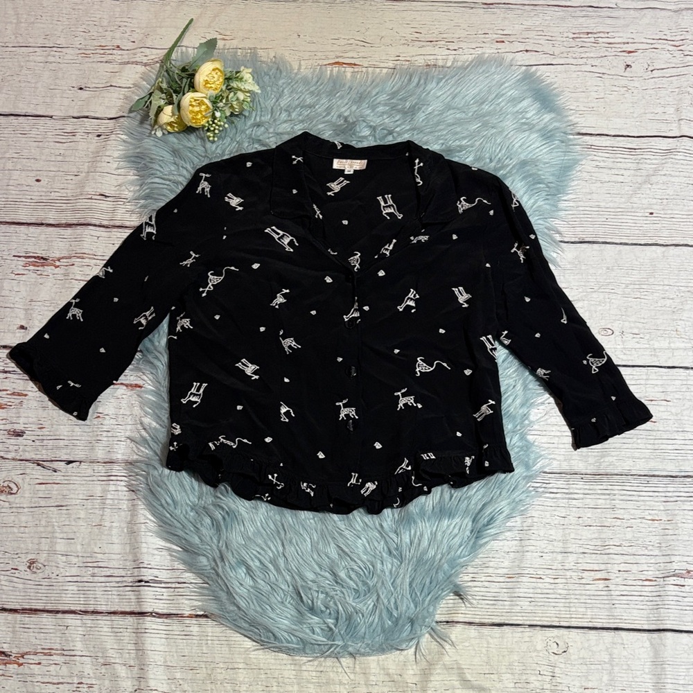 Basic Threads Black White Animal Print Short Sleeve Button Down Shirt sz M